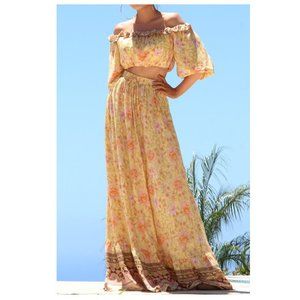 Boho Gypsy Peasant Off Shoulder Ruffle Crop Top Flared Maxi Skirt 2 Piece Set